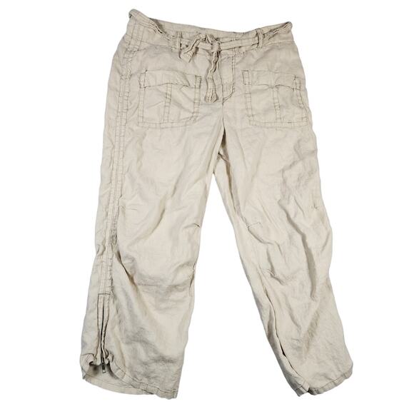 Tommy Hilfiger Y2k Tan 100% Linen Cropped Tie Waist Straight Zip Leg Pants Sz 10 - Picture 1 of 16